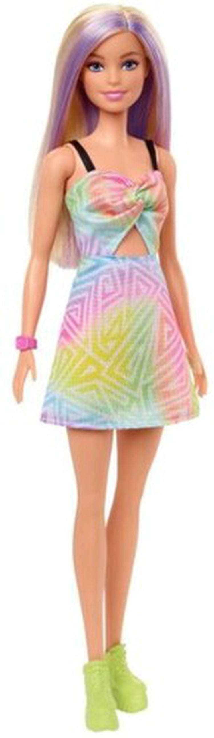 Mattel - Barbie Fashionista Doll, Multi-color Geometric Romper, Pink Watch, Green Boots and Blonde Hair with a Purple Stripe